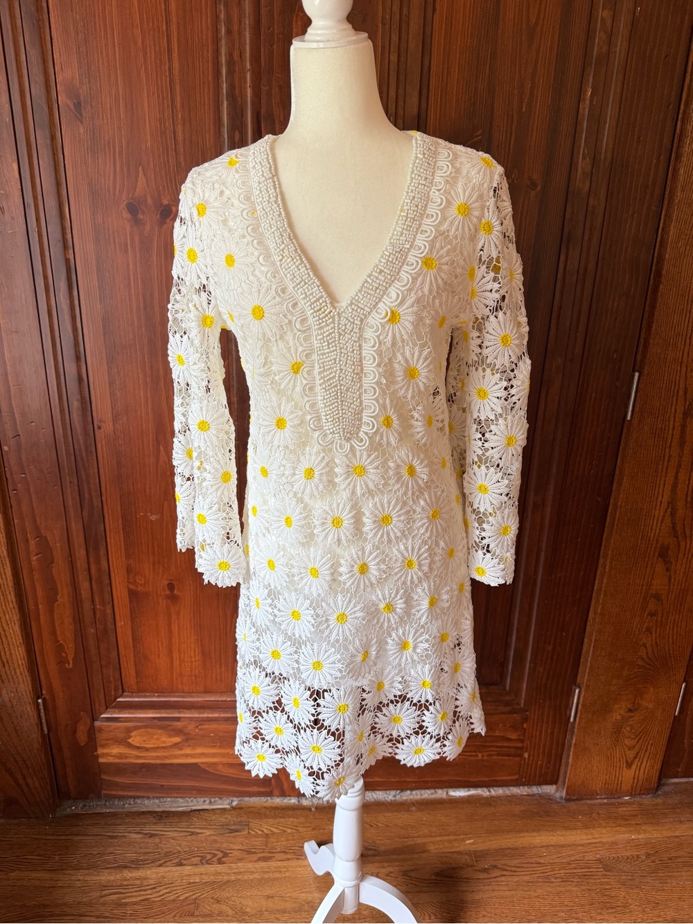 Boston Proper White Crochet Daisy V-Neck Dress Size S